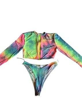 Rainbow Tie-Dye Long Sleeve Bikini Set - Multicolor